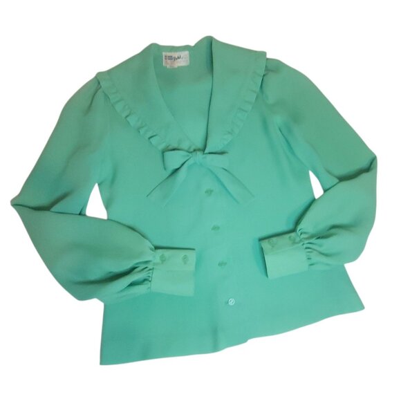 Deha Tops - Deha Of Sweden Vtg 70s Green Ruffle Collar Blouse SZ 38 Bow Tie Button Front